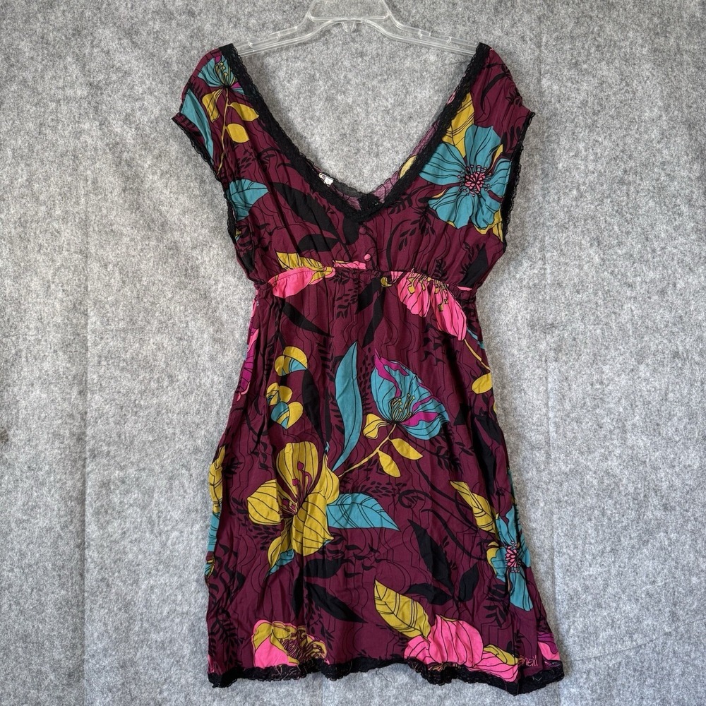 Vtg O'Neill Babydoll Dress Juniors Large Beach Lace Lined Floral Y2K Surfer Boho